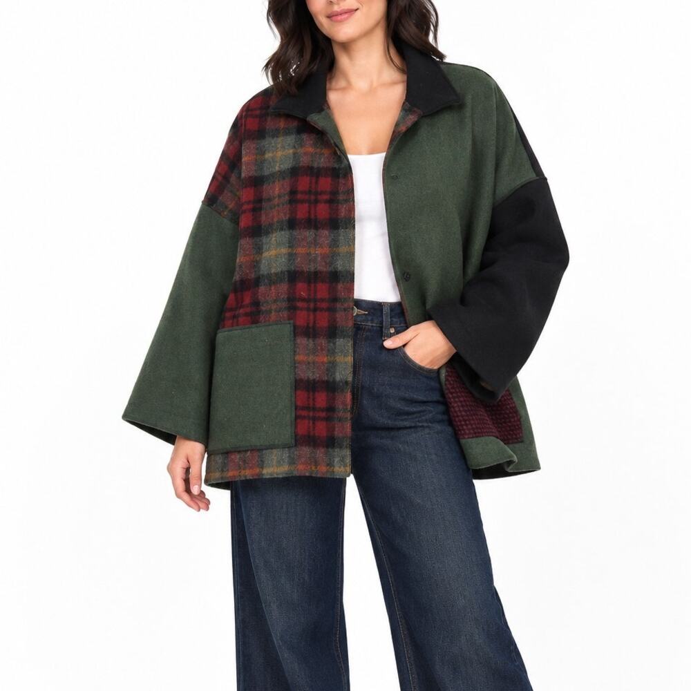 1990s Vintage Cameleon Olive Green Plaid Patchwork Wool Cape Jacket Medium Large